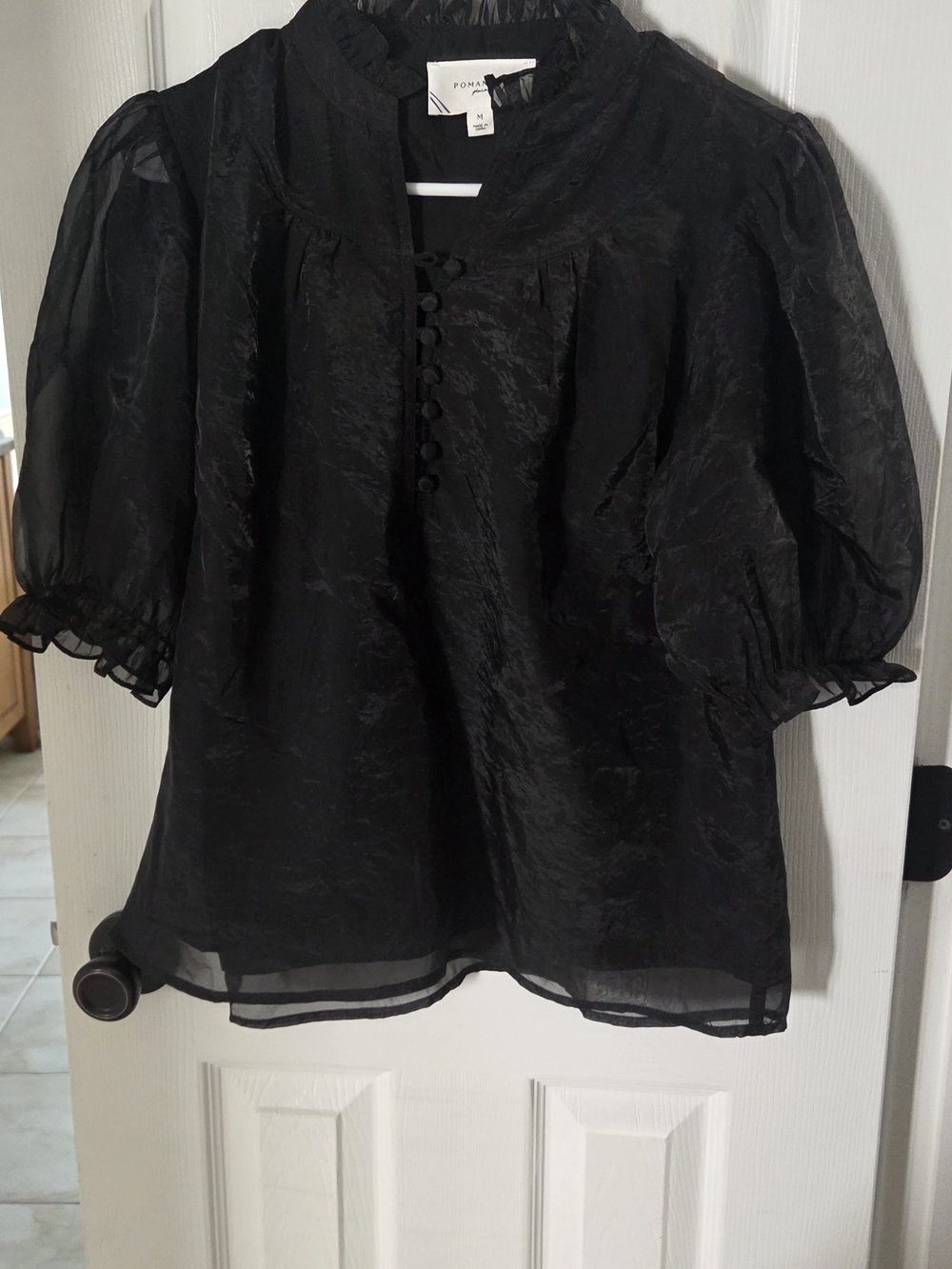 Pomander Place Black Sheer Puff-Sleeve Blouse